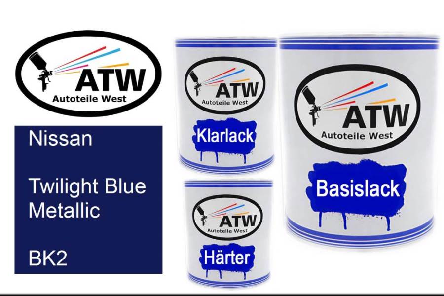 Nissan, Twilight Blue Metallic, BK2: 1L Lackdose + 1L Klarlack + 500ml Härter - Set, von ATW Autoteile West.
